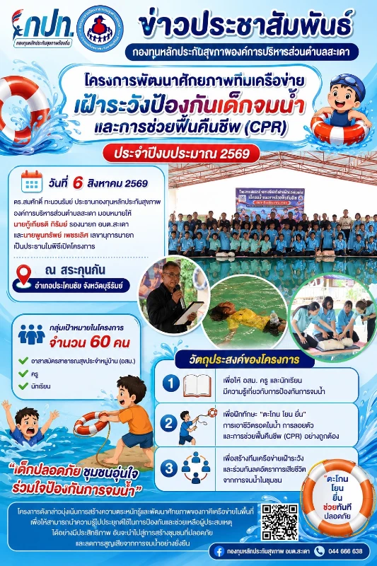 โครงการพัฒนาศักยภาพทีมเครือข่ายเฝ้าระวังป้องกันเด็กจมน้ำและการช่วยฟื้นคืนชีพ ประจำปีงบประมาณ 2569